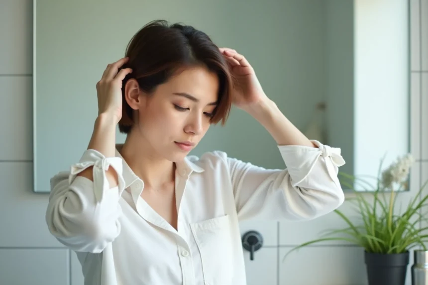 Femme brunette se coiffant dans une salle de bain minimaliste