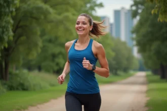 Femme en course dans un parc verdoyant