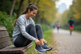 Femme souriante en tenue de sport dans un parc urbain