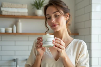 Femme lisant l'étiquette d'une crème bio La Provençale dans une salle de bain naturelle et minimaliste