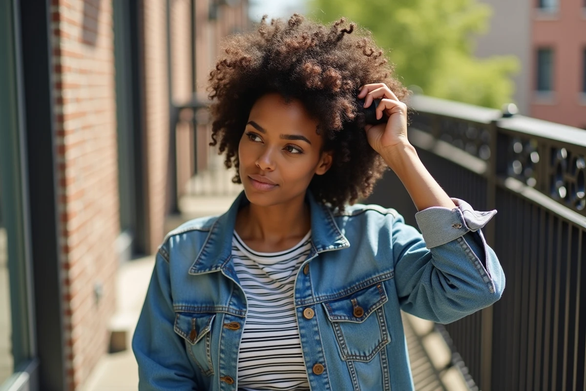 Femme aux boucles naturelles rafraîchissant ses cheveux en extérieur