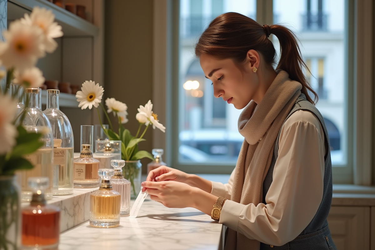 Jeune femme testant un parfum dans une boutique parisienne