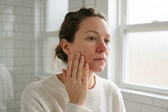Femme adulte avec dermatite atopique visible sur le visage touchant doucement sa joue dans une salle de bain épurée