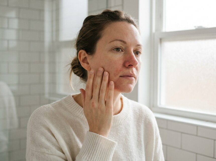 Femme adulte avec dermatite atopique visible sur le visage touchant doucement sa joue dans une salle de bain épurée