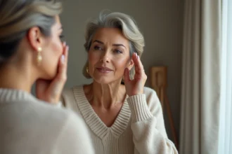 Femme élégante en cashmere appliquant maquillage naturel