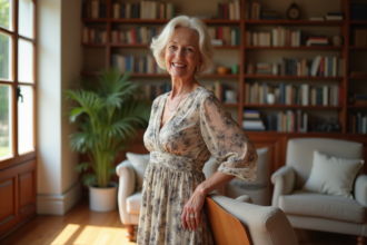Femme élégante de 70 ans en robe florale dans un salon lumineux