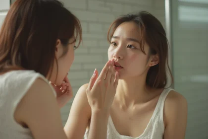 Jeune femme examinant attentivement son piercing de nez devant un miroir de salle de bain, signes de rejet visibles