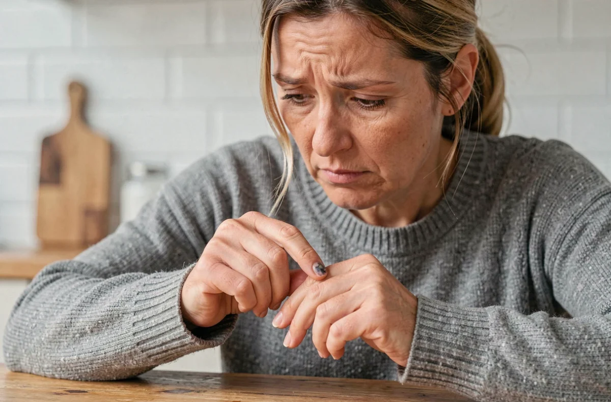 Femme inquiète examinant son ongle décollé et verdâtre à la maison, symptômes d'une infiltration ou infection unguéale
