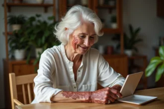 Femme souriante appliquant du henna sur ses mains à la maison