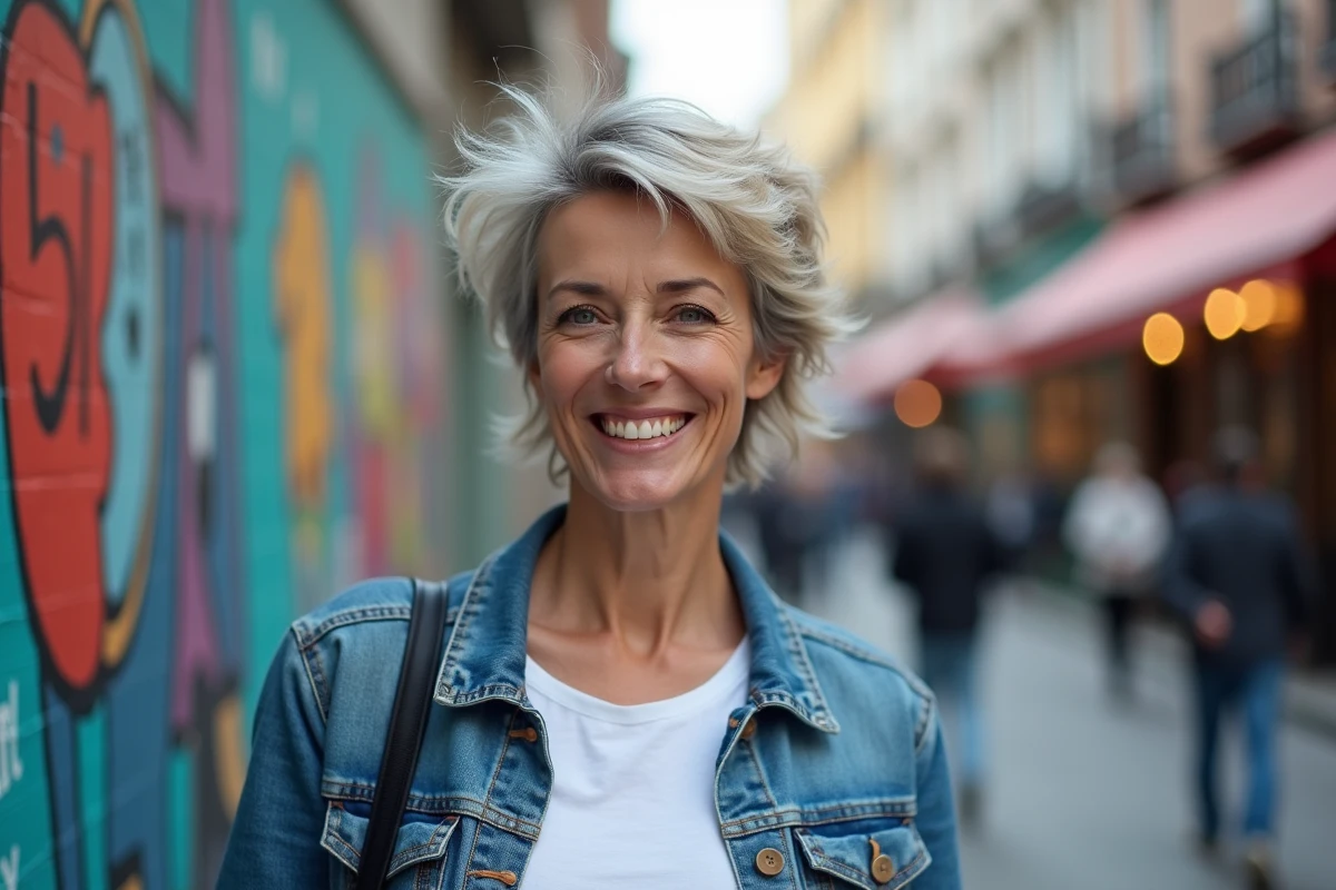Femme souriante avec coupe shaggy devant un mur coloré en ville