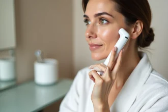 Femme utilisant un appareil laser anti-âge à domicile de type LYMA sur le visage devant un miroir de vanité