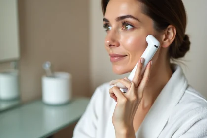 Femme utilisant un appareil laser anti-âge à domicile de type LYMA sur le visage devant un miroir de vanité