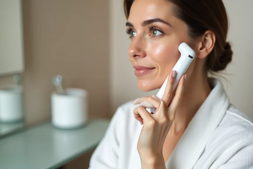 Femme utilisant un appareil laser anti-âge à domicile de type LYMA sur le visage devant un miroir de vanité