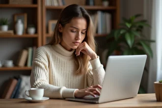 Femme lisant des avis clients sur un produit cosmétique Nuvaskin sur son ordinateur portable à son bureau