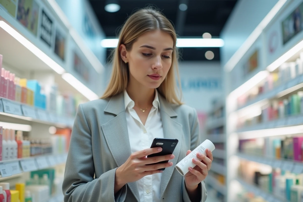 Femme consultant sa liste de courses sur smartphone dans un rayon de produits cosmétiques L'Oréal avant une vente au personnel