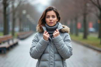 Femme en manteau gris en ville lors d'un début d'hiver