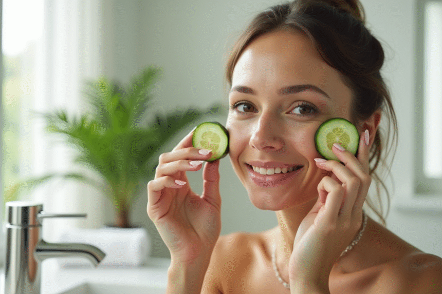 Femme appliquant des tranches de concombre sur le visage
