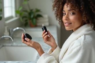 Femme en robe blanche appliquant savon noir sur le visage