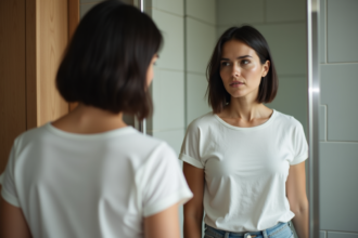Femme en miroir de salle de bain en réflexion naturelle