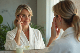 Femme regardant son reflet dans un miroir de salle de bain