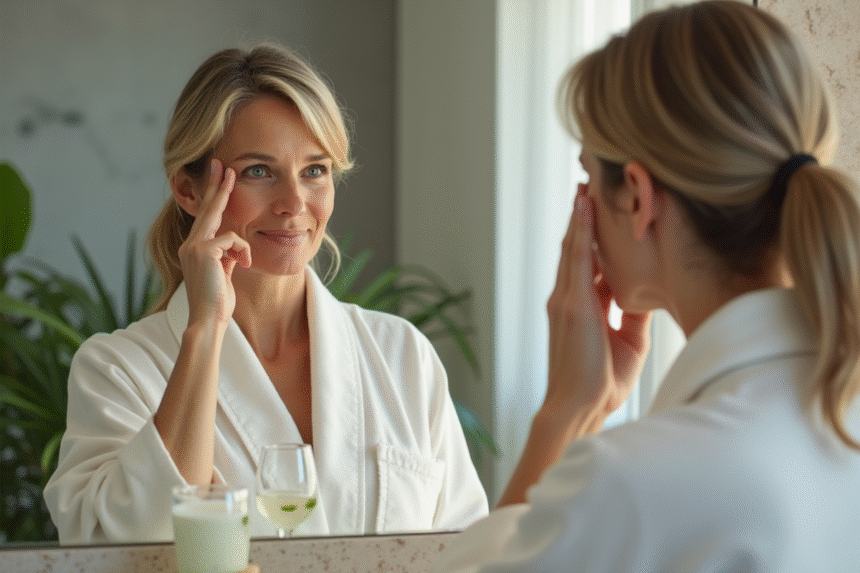 Femme regardant son reflet dans un miroir de salle de bain