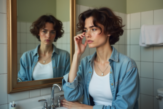Femme regardant sa coupe courte dans le miroir de la salle de bain