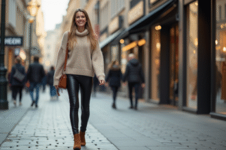 Femme élégante en leggings noirs dans une rue urbaine
