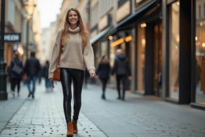 Femme élégante en leggings noirs dans une rue urbaine