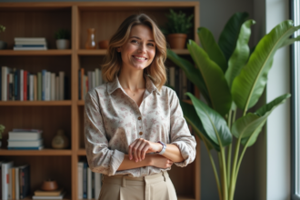 Femme élégante ajustant sa montre dans un salon cosy
