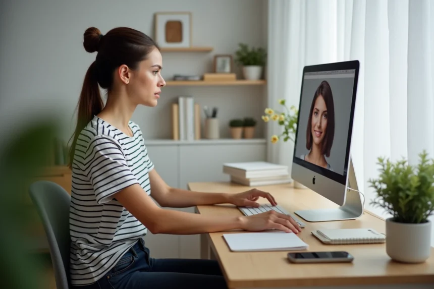 Jeune femme utilisant un simulateur de coiffure en ligne à la maison