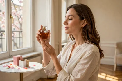 Femme tenant un flacon de parfum près d'une fenêtre printanière dans un appartement parisien, illustrant le choix de parfum selon la saison