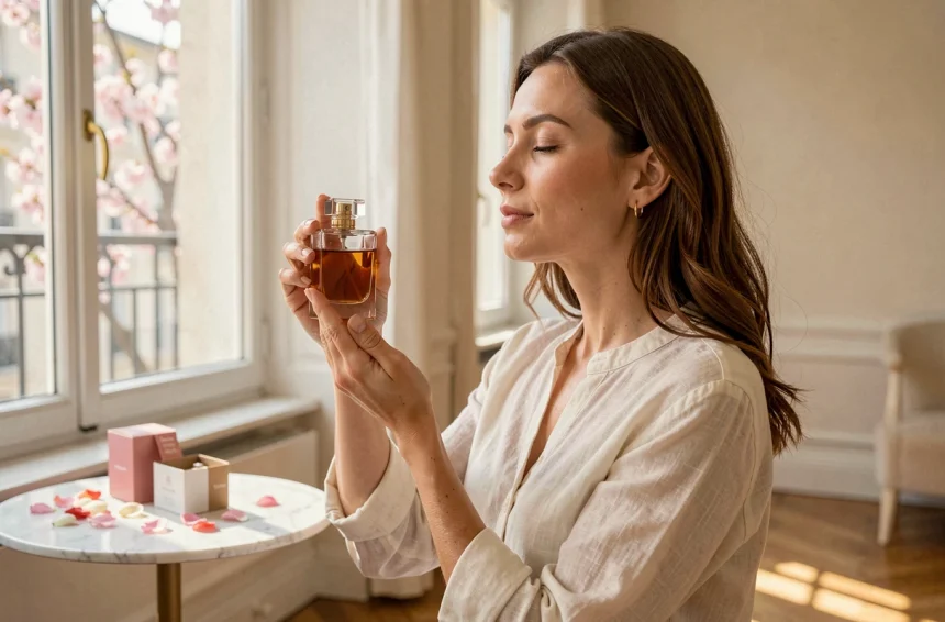 Femme tenant un flacon de parfum près d'une fenêtre printanière dans un appartement parisien, illustrant le choix de parfum selon la saison