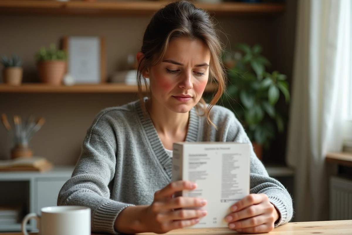 Femme à peau sensible lisant les ingrédients d'un produit Typology Sephora à la maison