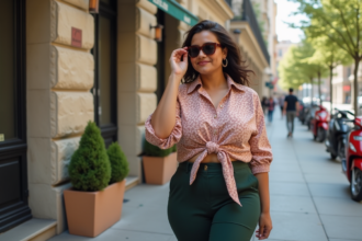 Femme confiante en ville portant pantalon taille haute et blouse