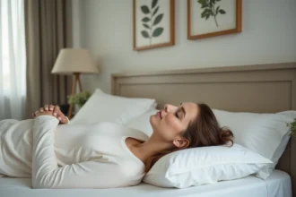 Femme en pyjama coton repose dans un lit moderne et apaisant
