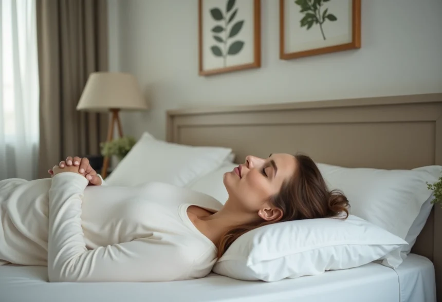 Femme en pyjama coton repose dans un lit moderne et apaisant