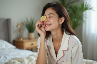 Femme en pyjama pressant un citron sur la joue dans un cadre cosy