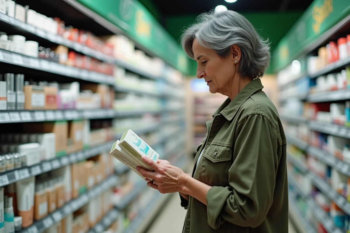 Femme comparant des cosmétiques bio dans un supermarché, rayon beauté naturelle et produits La Provençale