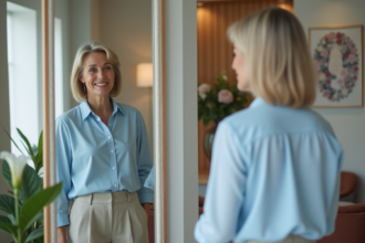 Femme élégante se regardant dans un miroir en clinique moderne