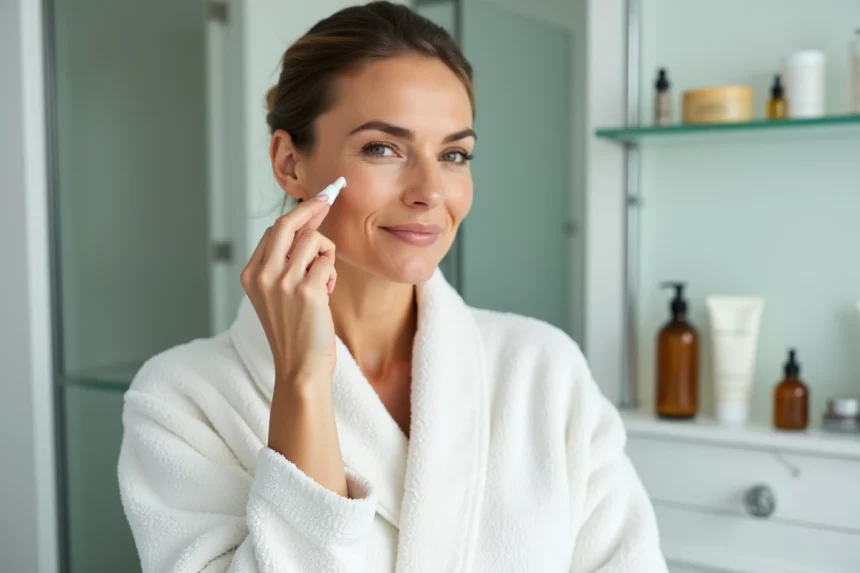 Femme dans la quarantaine appliquant une crème Filorga sur son visage dans une salle de bain moderne et lumineuse