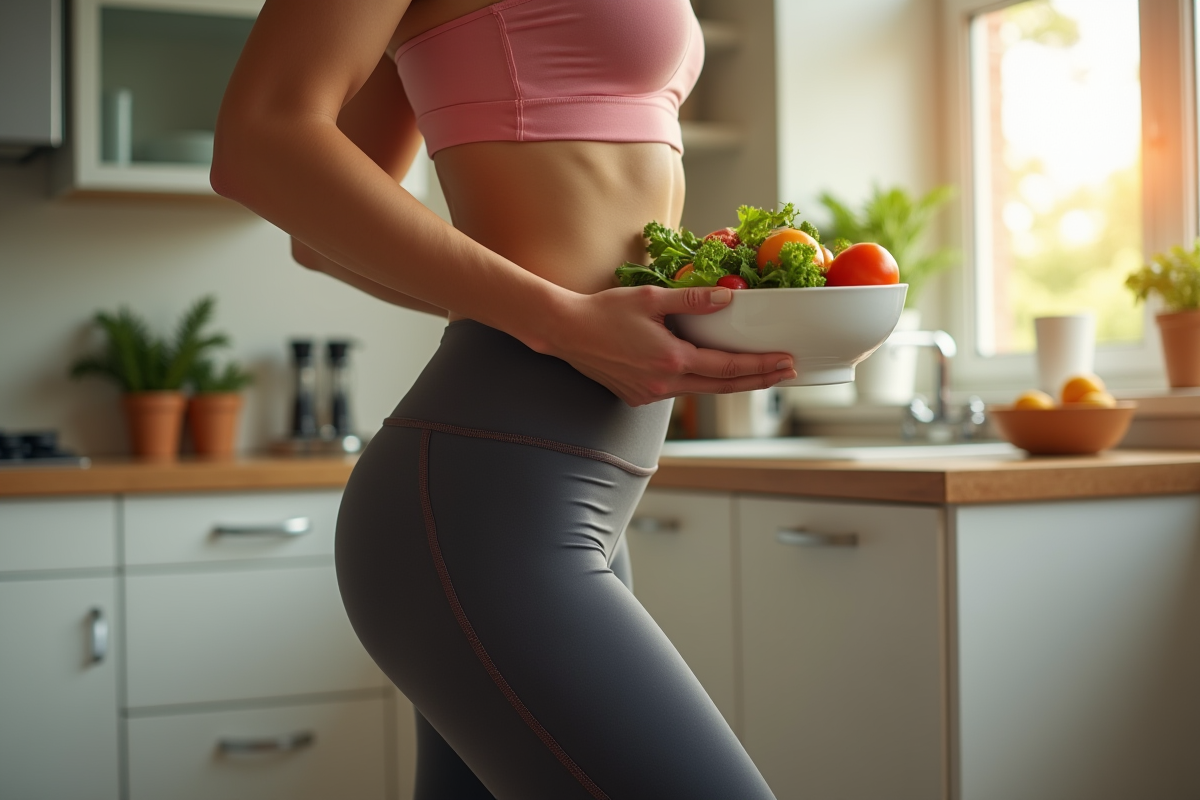 Femme tenant une salade dans une cuisine lumineuse