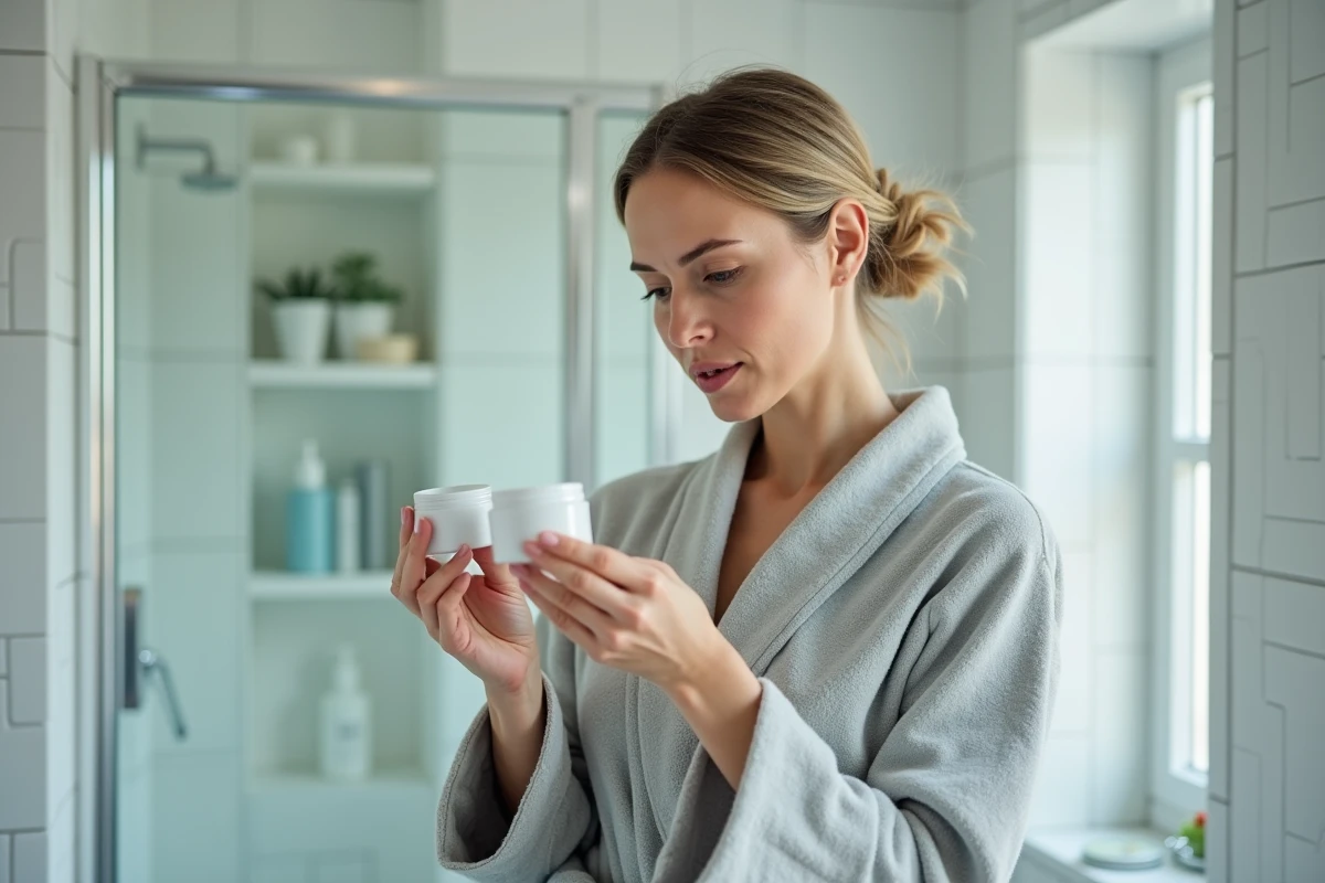 Femme dans une salle de bain tenant un pot de crème Nuvaskin et lisant attentivement son étiquette