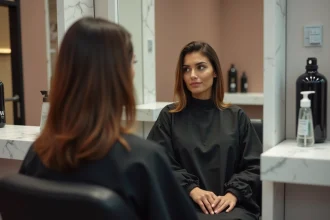 Femme en salon de coiffure avant la pose d'extensions, regardant son reflet dans le miroir avec une expression de curiosité et d'anticipation