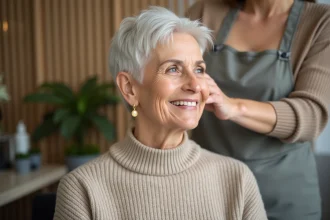 Femme élégante en salon appliquant une coloration blanche à ses cheveux