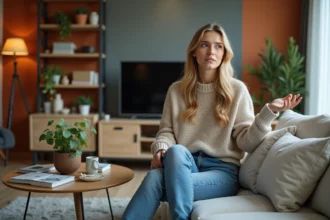 Femme assise dans un salon déco désordonné et coloré