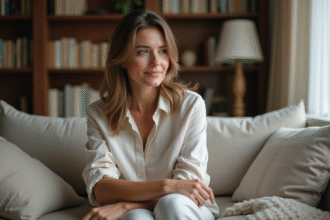 Femme touchant une cicatrice sur le bras dans un intérieur cosy