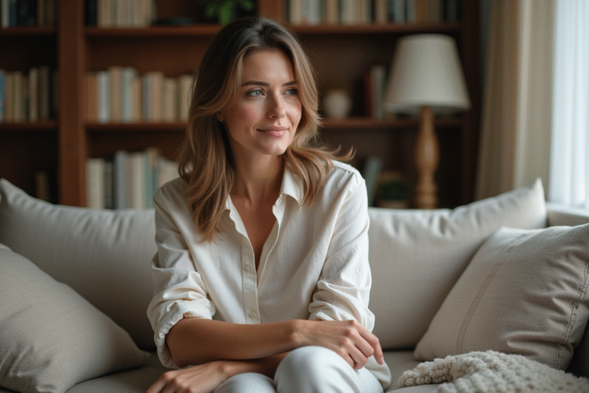 Femme touchant une cicatrice sur le bras dans un intérieur cosy