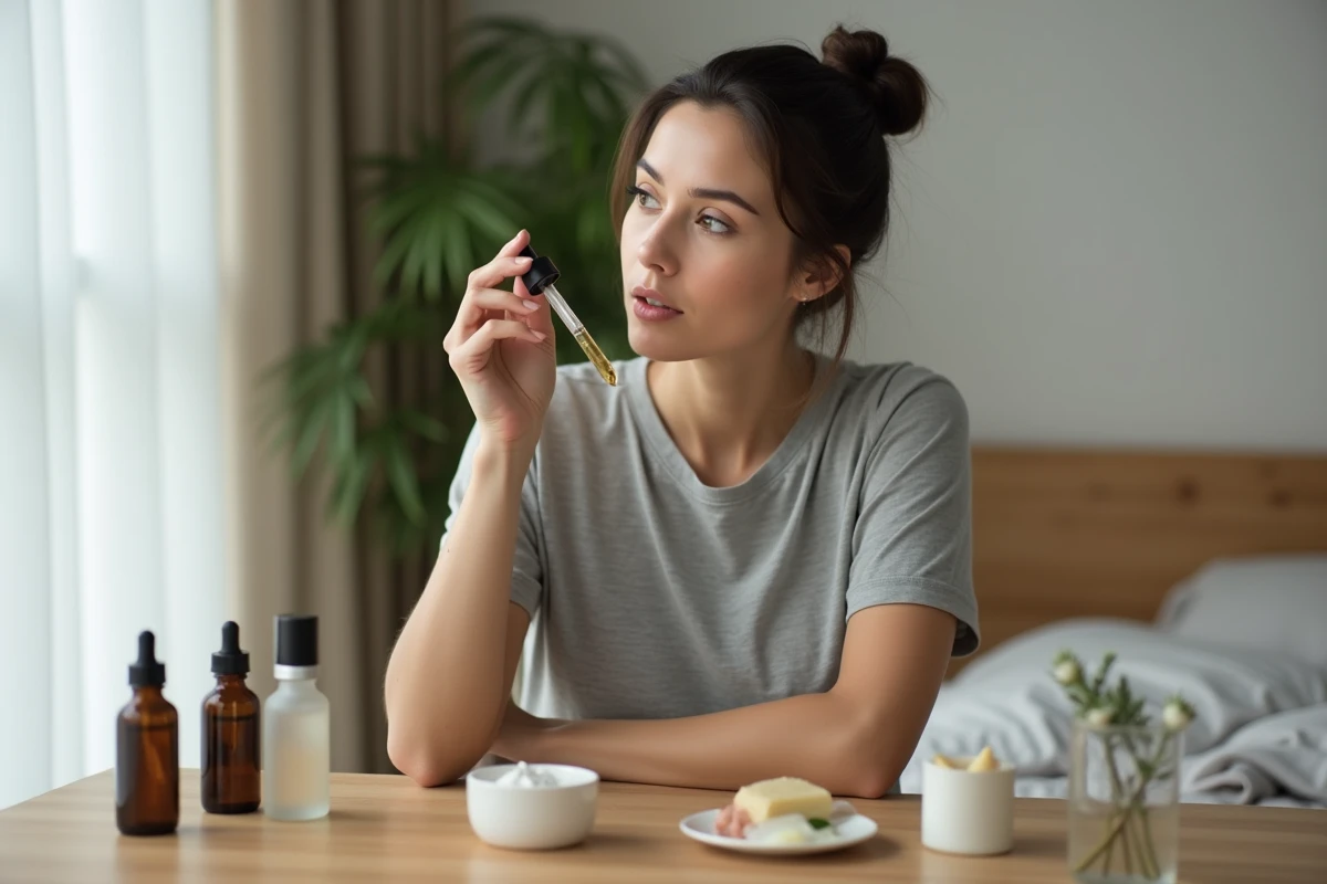 Femme examinant un sérum Filorga à sa coiffeuse lors de sa routine de soin quotidienne