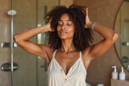 Femme aux cheveux crépus massant son cuir chevelu dans une salle de bain chaleureuse