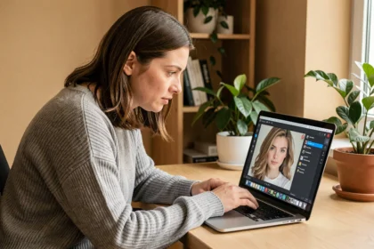 Femme utilisant un simulateur de coupe de cheveux gratuit sur son ordinateur portable à la maison